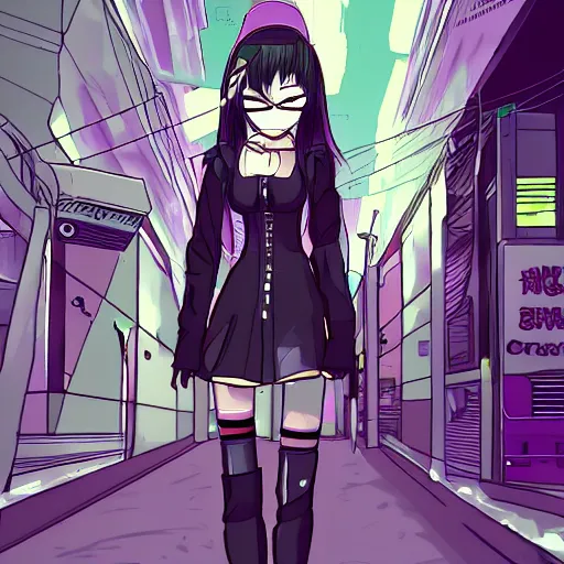 Image similar to cute anime girl in a cyberpunk city. edgy. cringe. trending on deviantart. fanart. ship. low quality. mspaint. oc.