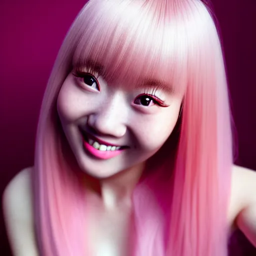 Image similar to beautiful hyperrealism selfie of nikki from shining nikki, a cute 3 d young woman smiling sofly, long light pink hair and full bangs, flushed face, small heart - shaped face, amber eyes, chinese heritage, golden hour, 8 k, instagram