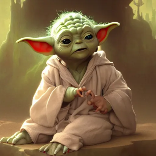 Image similar to baby yoda in the role of frodo from lord of the ring, intricate, elegant, highly detailed, digital painting, artstation, concept art, smooth, sharp focus, illustration, art by artgerm and greg rutkowski and alphonse mucha and william - adolphe bouguereau