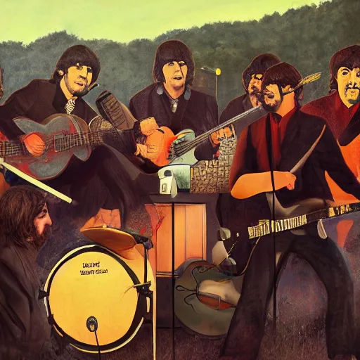 Image similar to pedro sanched playing music with the beatles at woodstock, highly detailed, artstation, 4k