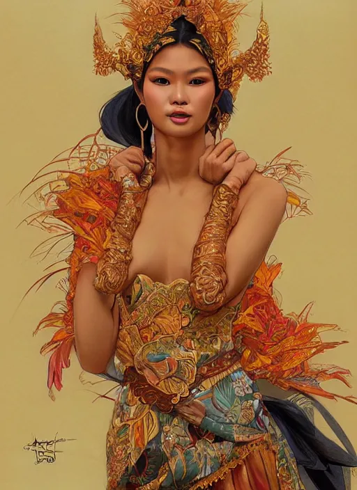 Image similar to portrait of an indonesian supermodels wearing traditional costume, highly detailed, digital painting, artstation, concept art, sharp focus, illustration, art by artgerm and james gurney and alphonse mucha