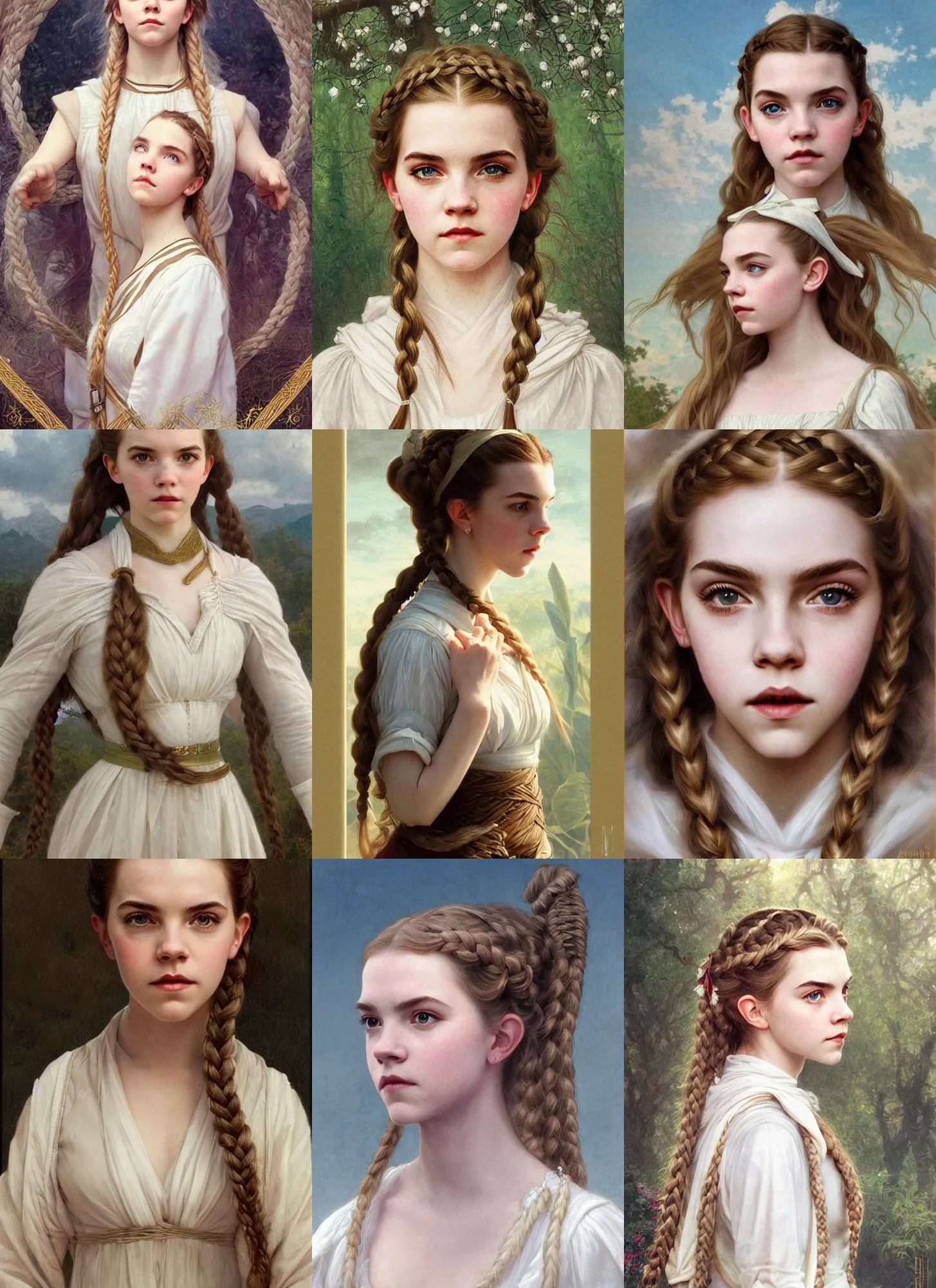 Prompt: portrait anya taylor-joy, emma watson, millie bobby brown, elf, pale, long blond braided hair, white cloth in wind shining, 8k highly detailed, sharp focus, illustration, art by artgerm, mucha, bouguereau