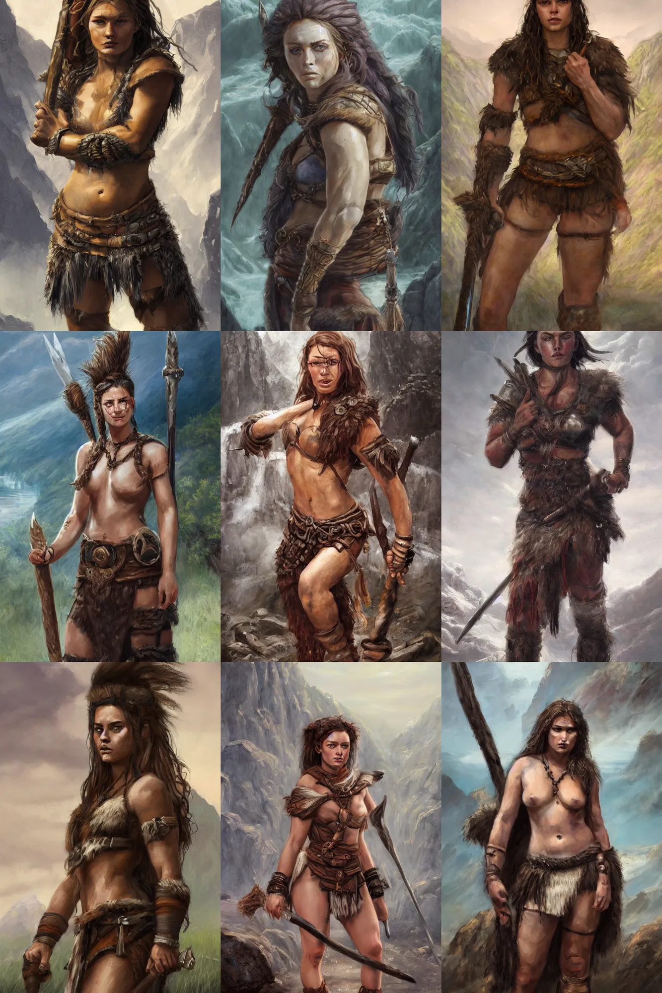 Prompt: a full body high detail fantasy portrait oil painting illustration of a beautiful young rugged stoic barbarian woman by justin sweet with face and body clearly visible, in a scenic background, pupils visible, high detail, realistic proportions, d & d, rpg, forgotten realms, artstation trending, high quality, sombre mood, artstation trending, muted colours, entire person visible!