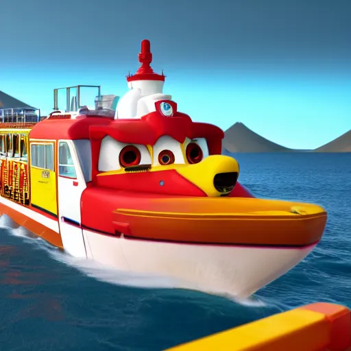 Prompt: paw patrol volcano lighthouse train on a cruise ship that battles dinosaurs. HD octane unreal 5 redshift render.