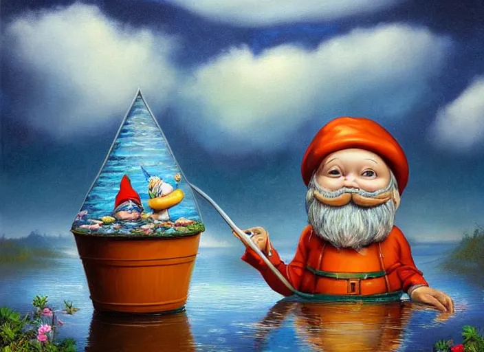 Prompt: a garden gnome sailing in a bucket, whimsical background of a reflective pond on a sunny day with dramatic clouds, an ultrafine detailed painting by mark ryden, trending on deviantart, pop surrealism, whimsical, lowbrow, joyous, perfect symmetrical face