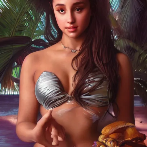 Prompt: sexy painting of 2 5 0 - pound ariana grande, bikini, ultra realistic, sharp details, subsurface scattering, intricate details, warm lighting, beautiful features, highly detailed, photorealistic, octane render, 8 k, unreal engine, art by artgerm and greg rutkowski and alphonse mucha