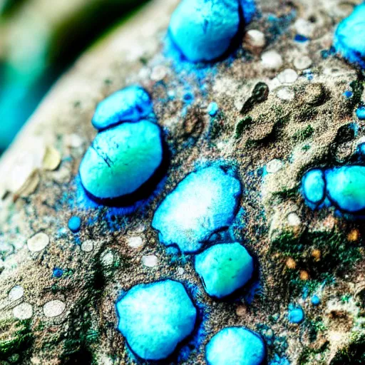 Prompt: a close up of a rock with blue and green beads, a macro photograph of chlorociboria by benoit b. mandelbrot, rhizomorphic fungus mycelium hyphae, trending on unsplash, ecological art, bioluminescence, macro lens, macro photography