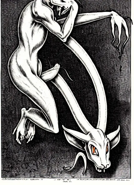 Prompt: illustration of mewtwo as a demon from the dictionarre infernal, etching by louis le breton, 1 8 6 9, 1 2 0 0 dpi scan, ultrasharp detail, clean scan