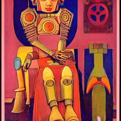 Prompt: the little robot queen in her regalia, by annie swynnerton and diego rivera and nicholas roerich, symbolist, dramatic lighting, elaborate geometric ornament, smooth, sharp focus, extremely detailed, leo and diane dillon, adolf wolfli, soft pastel colors