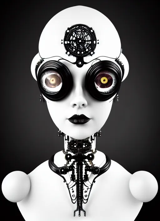 Image similar to 1 9 3 0 black and white gothic masterpiece profile face portrait, one steampunk eye biomechanical beautiful young female cyborg - robot, body meshes, big monocular, volumetric light, hibiscus flowers, by hg giger, rim light, big gothic fashion pearl embroidered collar, 8 k