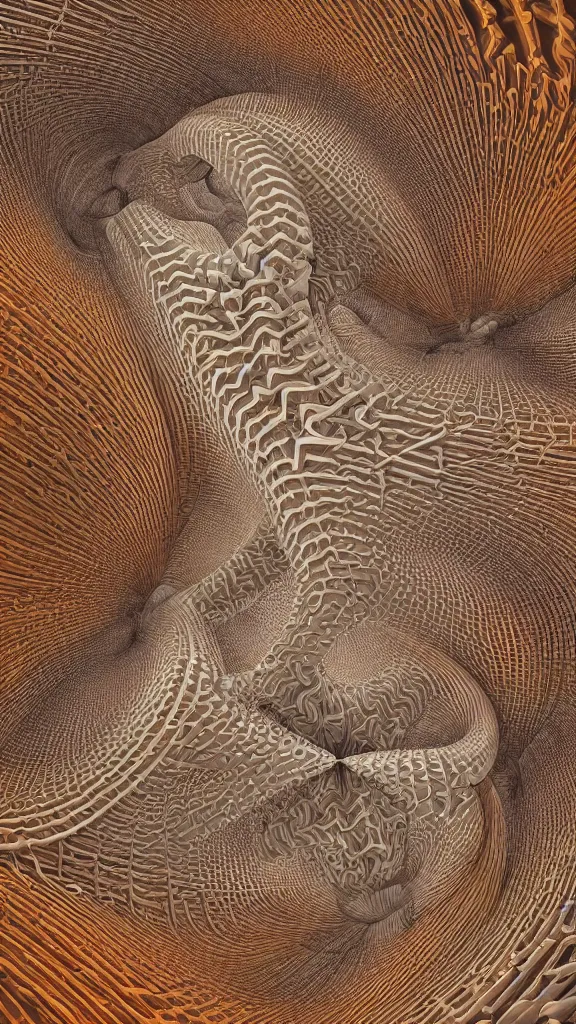 Prompt: 3d fractal wallpaper by Escher, geometrical figures, math, spirals tubes roots, completely filled space, psychedelic!!, mandelbulb 3d, digital art, high details, depth of field, hard lighting!, trending on artstation, deviantart, octane render, HD, (((Low light))), 8k, eric zener, zdzisław beksiński, dark background