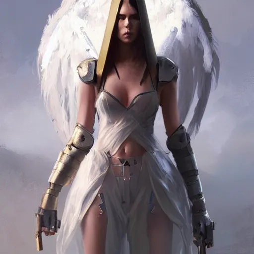 Image similar to angel in plastic armor, high fashion, pretty face, full body shot, well built, art by greg rutkowski