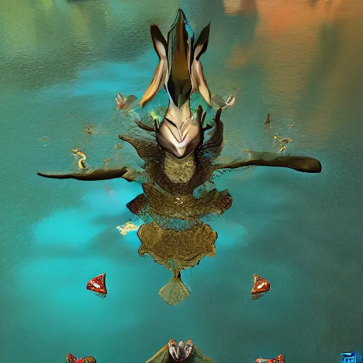 Image similar to beautiful symmetrical an old silent pond angels jump into the pond splash! silence again, surrounded by machine axonometric fantasy intricate elegant highly detailed in volumetric void of latent space lush flowers surround, realm of the gods golden turquoise steampunk, high contrast cinematic light, mystical shadows, octane render, photographic, concept art, art high renaissance art, unreal engine 8 k