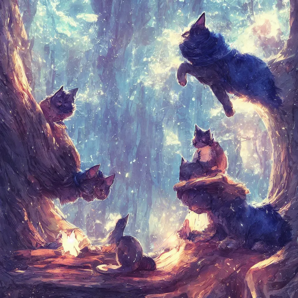 Prompt: anime cat with cloak laying on a magical wood carved chair, super powers, glowing tiny blue lines, concept art, by greg rutkowski, overdetailed art