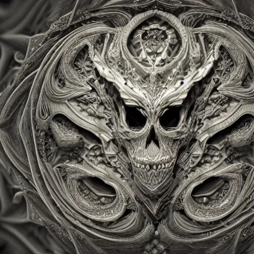 Image similar to Ultra detailed 3d render Macro of fractal dragon, fantasy skull, intricate ornate details, mandelbrot, octane render, 8k, high quality, volumetric lighting, smooth surface render