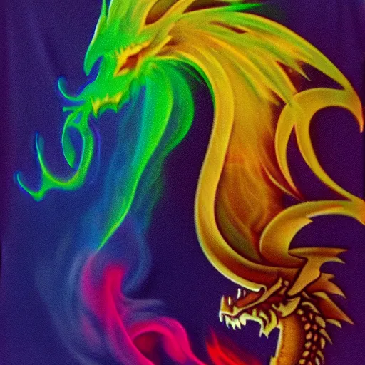 Prompt: multi color smoke with the small head of a dragon, billowy