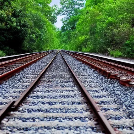 Prompt: NS train screaming in fear of a leaf that's laying on the train tracks