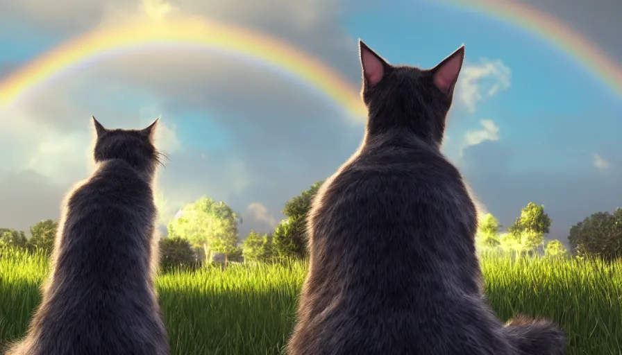 Image similar to back view of cats looking at rainbow, volumetric light, cloudy sky, hyperdetailed, artstation, cgsociety, 8 k