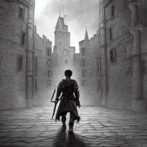 Image similar to pencil art, distant shot, realistic, cinematic, hyper detailed, smooth, hero walking up to the castle to fight an evil army.