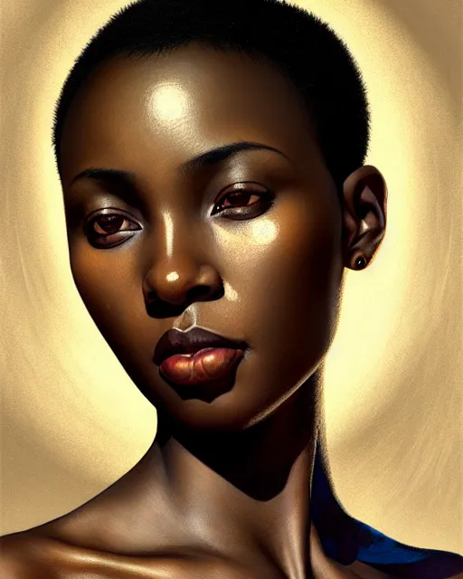 Prompt: african woman with short buzz hair, brown eyes, beautiful girl, close up portrait, moonlight, highkey, realistic, serov, surikov, vasnetsov, repin, kramskoi, paint texture, low aperature, insanely detailed, charlie bowater, tom bagshaw, octane rendered, unreal engine, illustration, trending on artstation, masterpiece