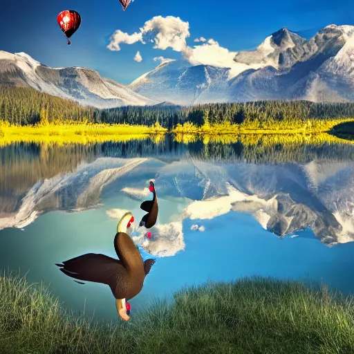 Image similar to photo of two black swans touching heads in a beautiful reflective mountain lake, a colorful hot air balloon is flying above the swans, hot air balloon, intricate, 8k highly professionally detailed, HDR, CGsociety