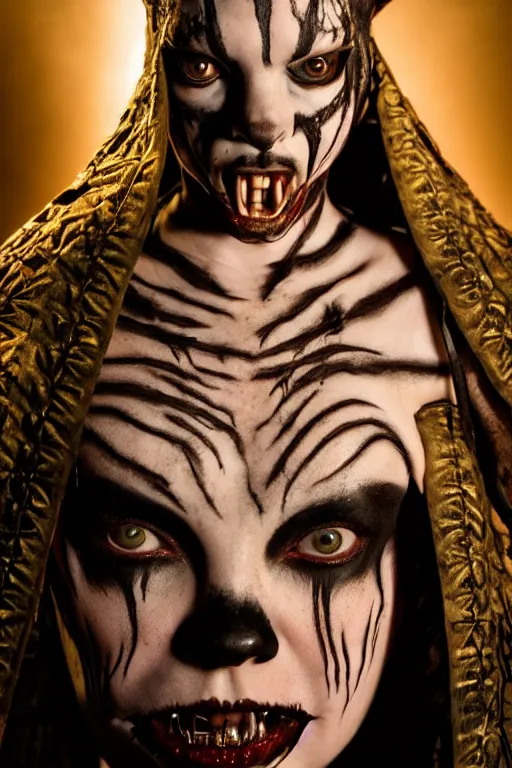 Image similar to dressed anya taylor - joy, a sinister demonic queen of cenobites, symmetrical, cinematic, elegant, demonic atmosphere, professional studio light, real dlsr photography, sharp focus, costume made by clive barker, real rotten flesh and blood, 4 k, ultra hd, sense of awe