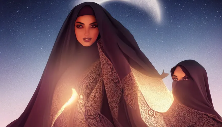 Image similar to Portrait of very very very very very very beautiful Arab woman wearing a Niqab, under giant full moon in the desert, intricate, glowing magical eyes, energy trails, elegant, highly detailed, digital painting, artstation, concept art, smooth, sharp focus, illustration, art by artgerm and greg rutkowski and alphonse mucha