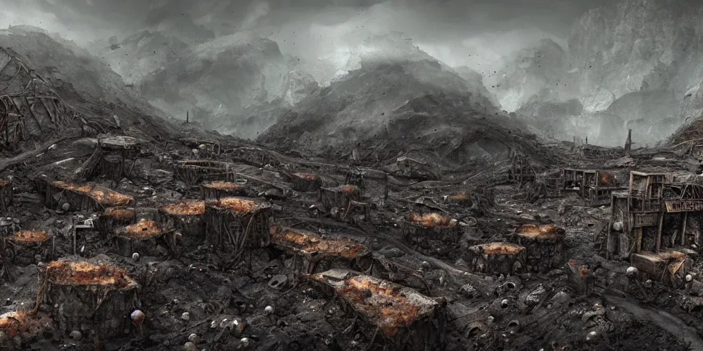 Image similar to the asphalt mines, rubble encases an abandoned mine, retro - futuristic, science - fantasy, hills, ancient tribe, rusted, fungal, salt, lgbt, queer, rpg, epic, dungeons & dragons, sacred, sharp focus, award - winning, extremely detailed, 4 k, 8 k