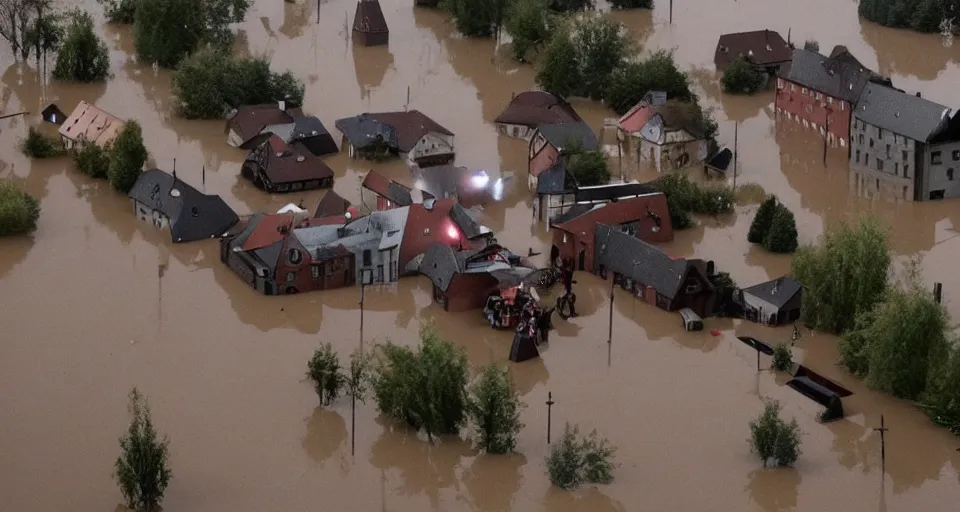 Image similar to Iron Man saving a small german town that is being flooded, movie screenshot, dramatic scene