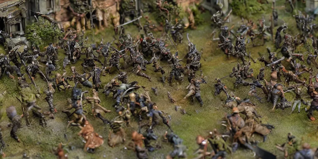 Prompt: zoomed in photo taken of an epic intricate extremely detailed battlefield diorama, with highly detailed, exquisitely weathered 3 d printed characters. an army of high elves battling a horde of orcs, dragon fly overhead, macro shot, photorealistic, sharp focus, f 0. 4, golden ratio, soft light, wide angle lens, 3 9 0 0 k
