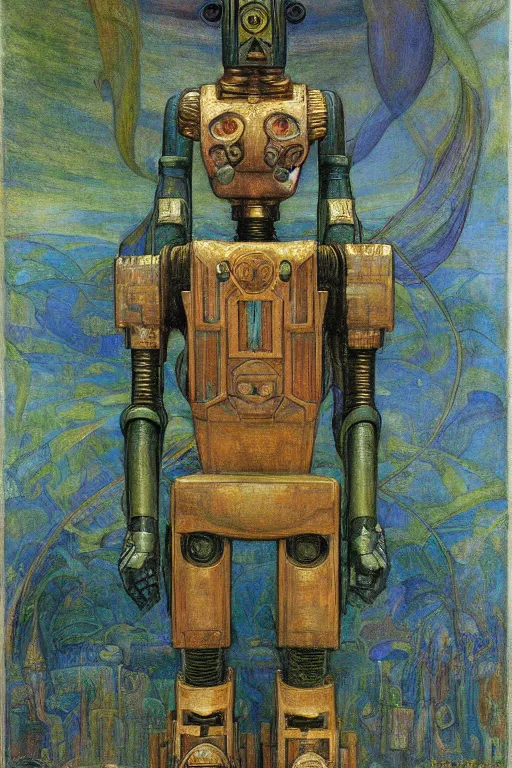Prompt: the robot in his regalia, by Annie Swynnerton and Diego Rivera and Elihu Vedder, symbolist, dramatic lighting, elaborate geometric ornament, Art Brut, soft blues and greens,smooth, sharp focus, extremely detailed, Adolf Wölfli, octane render