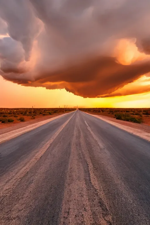 Prompt: giant, towering cumulonimbus cloud over an empty highway in the desert, sunset, golden hour, epic, ominous, 4k, high quality