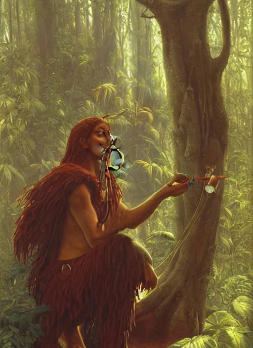 Prompt: a beautiful painting of a shaman in the jungle sniffing tobacco snuff, art by christophe vacher