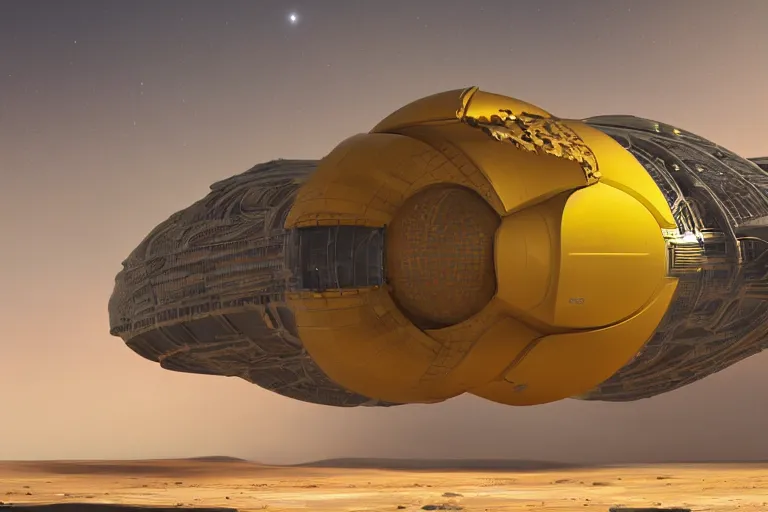 Image similar to a yellow african futuristic spaceship on a desert planet, science - fiction, matte painting
