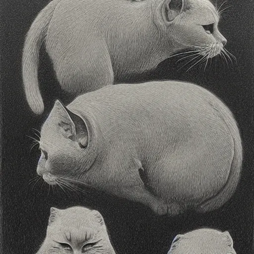 Prompt: a group of cats playing with human heads, drawing by zdzislaw beksinski