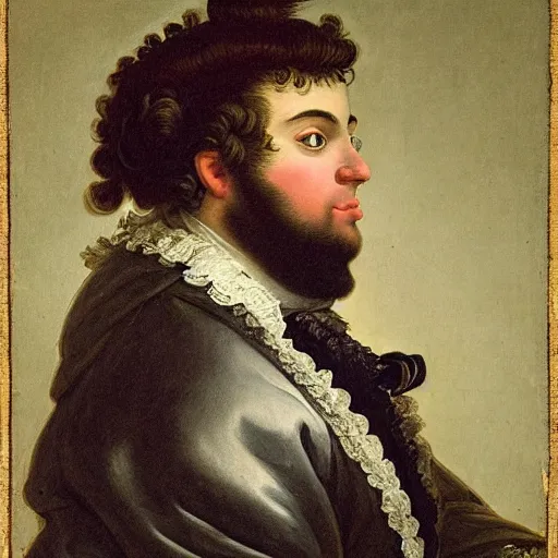 Prompt: A rococo portrait of a neckbeard as the King of France, by Jacques-Louis David, Réunion des Musées Nationaux, Louvre Catalogue photography
