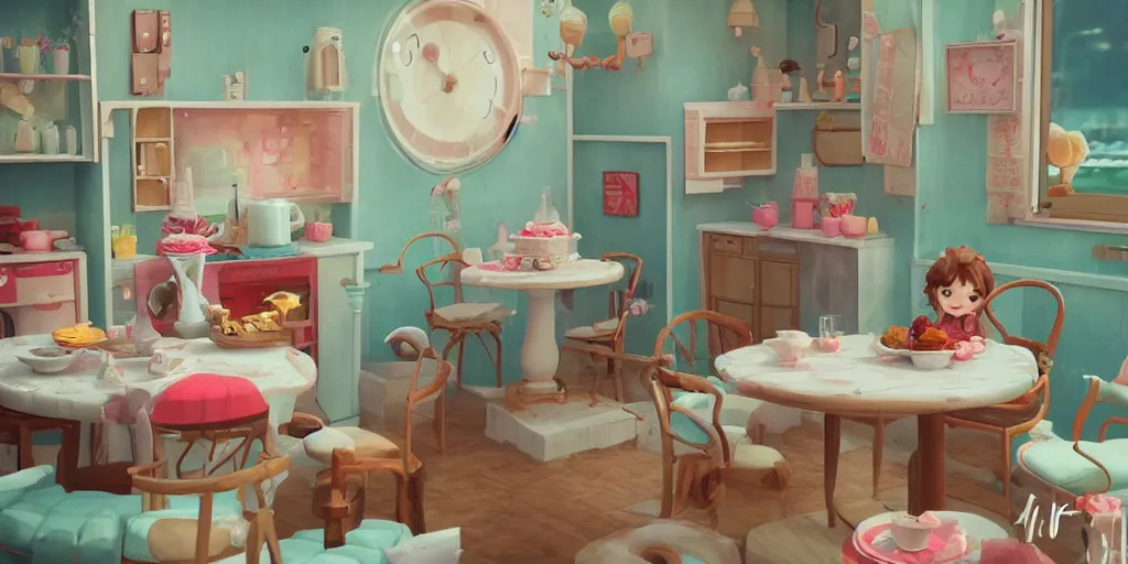 Image similar to a little smile in a house made of cake, the walls in biscuits, a chair in strawberry cake, the table in cake, kawaii, chris moore, trend on artstation