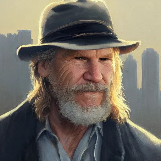 Prompt: closeup portrait of jeff bridges as the dude, dramatic lighting, city background, chiaroscuro, high detail, painted by greg rutkowski, painted by igor kieryluk, painted by bobby chiu, trending on artstation