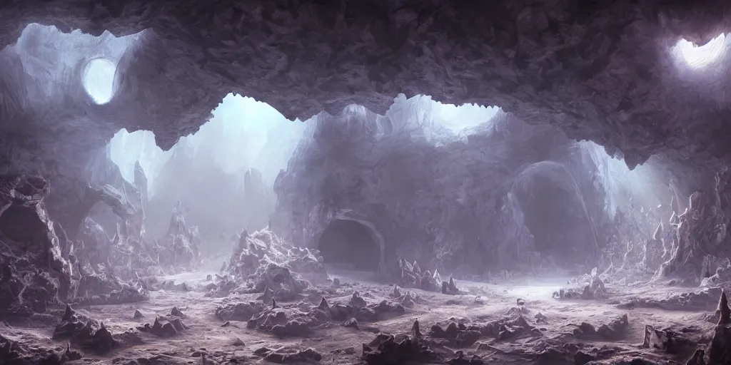 Image similar to fantasy matte painting of a cave with huge glowing crystals in the walls and piles of bones on the floor, fantasy, sharp focus, artstation