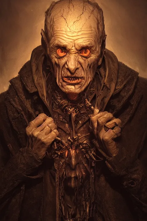 Image similar to portrait of a old vampire with long bear, intricate wrinkles, dystopian terror, night light, extremely detailed, hands, digital painting, lighting by candles, sculpted in zbrush, artstation, concept art, smooth, sharp focus, illustration, chiaroscuro lighting, golden ratio, incredible art by Stanley Artgerm Lau and Greg Rutkowski, composition by Alphonse Mucha and Simon Stalenhag