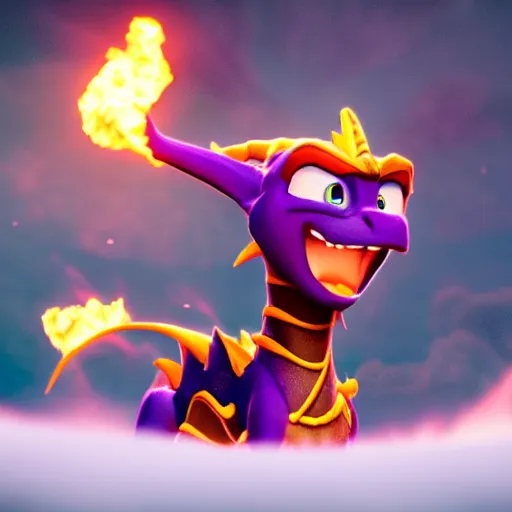 Prompt: cinematic portrait of Spyro the Dragon breathing fire