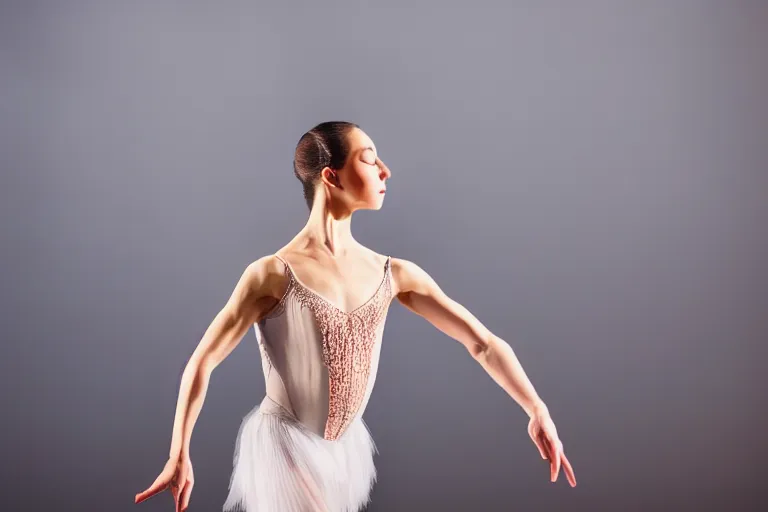 Image similar to a beautiful ballet dancer leaving the stage towards the exit. the exit is in bright light.