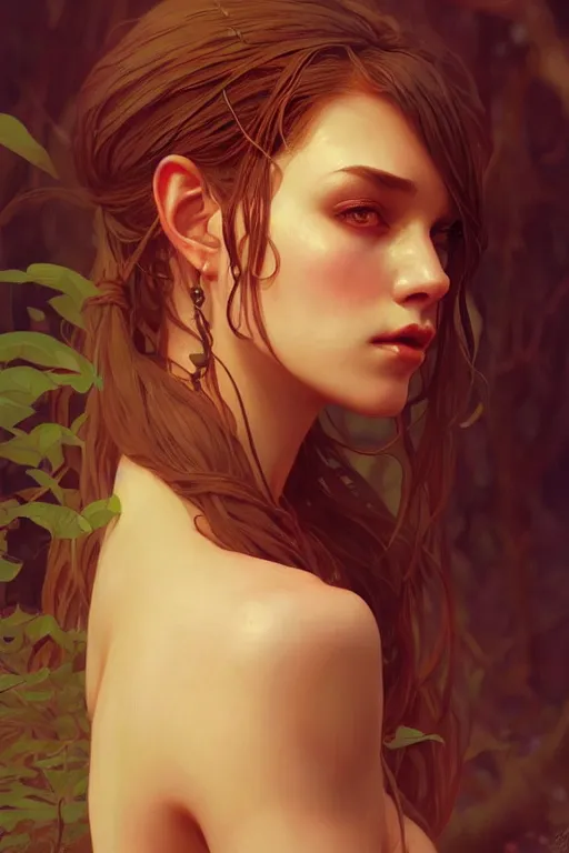 Image similar to a very beautiful savage girl, forest, fantasy, portrait, sharp focus, intricate, elegant, digital painting, artstation, matte, highly detailed, concept art, illustration, ambient lighting, art by ilya kuvshinov, artgerm, alphonse mucha, and greg rutkowski