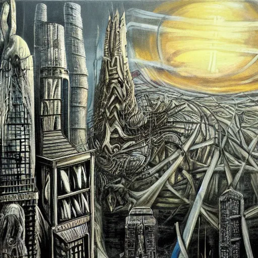 Image similar to city of london painted by hg giger