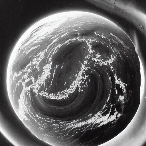 Image similar to 1820s photo from space of 🌎 inside a oil bubble, damaged, NASA