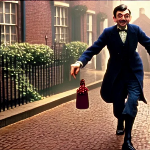 Image similar to mr bean as mary poppins. movie still. cinematic lighting.