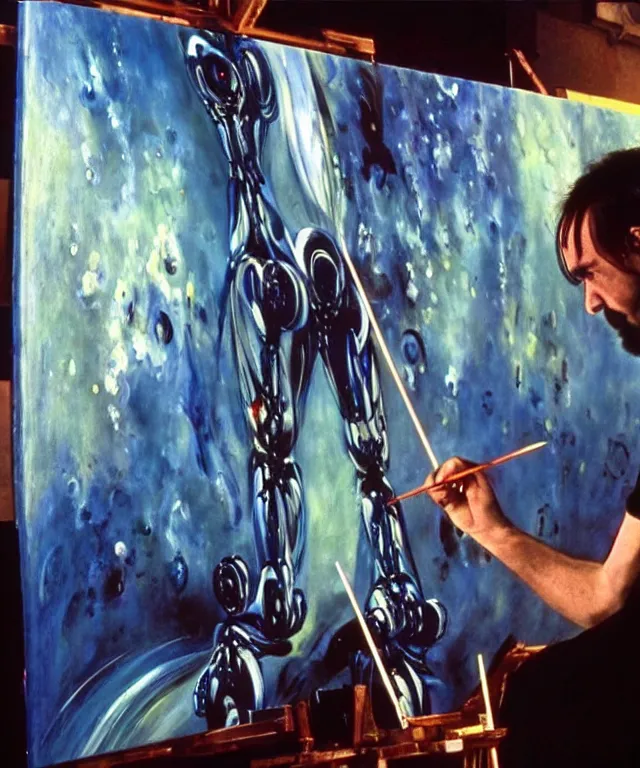 Image similar to photo of futuristic holy futuristic cyborg-robot-painter-artist creating a painting with acrylic paint and brushes in a futuristic artist studio. masterpiece, still from a 2021 movie by Terrence Malick, Tarkovsky, Gaspar Noe, James Cameron,