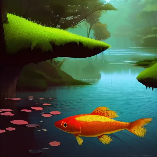 Image similar to goro fujita ilustration a river in the forest with clear water with moss on the edges, while watching a golden carp fish swimming, painting by goro fujita, sharp focus, highly detailed, artstation