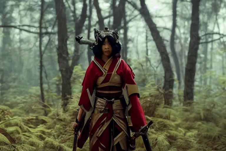 Image similar to vfx movie scene closeup nomad cyborg warrior viking geisha in a smoldering forest. by emmanuel lubezki