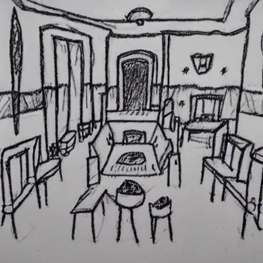 Prompt: “ child ’ s bad crayon drawing of the overlook hotel interior ”